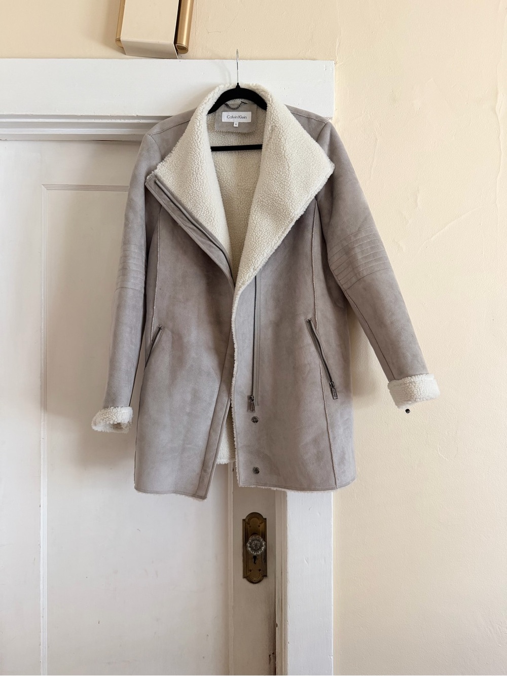 Calvin Klein Light Grey Faux Shearling Jacket with Cream Lining